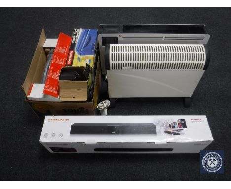 A Toshiba Sound Bar, box of shredder, printer etc and two electric panel heaters 