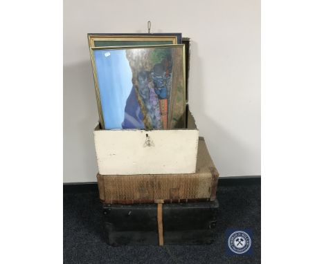 A painted pine storage box containing three framed pictures, ties, together with two vintage cases