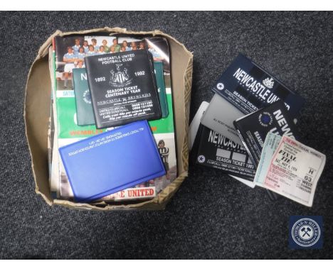 A box of a small quantity of Newcastle United programmes, 1960's, together with similar cup final programmes, ticket stubs an