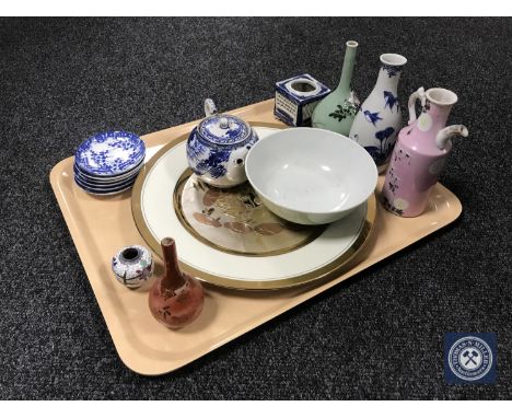 A tray of mixed Oriental items including antique Chinese blue and white teapot 