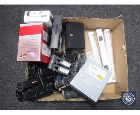 A box of Samsung handy cam, wall bracket, miniature Casio TV, external hard drive, Lexmark printer 