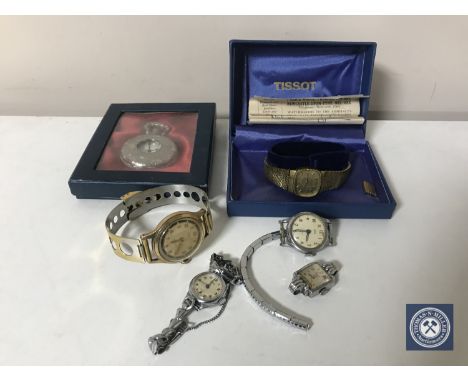 A bag of vintage watches, contemporary pocket watch and a boxed Tissot watch 