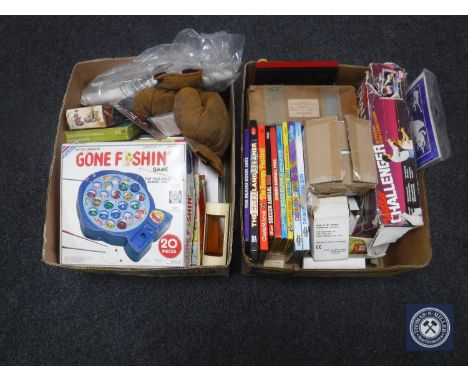 Two boxes of vintage board games, toys, children's annuals, etc 