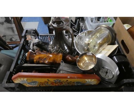 A Box of Sundries to Include Ceramics and Glasswares, Pillar Clock, Metal wares, Figural Ornaments etc 