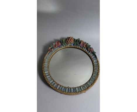 A Circular Easel Back Wall Mirror with Garland of Flowers Decoration, 31cm Diameter, Some Losses 
