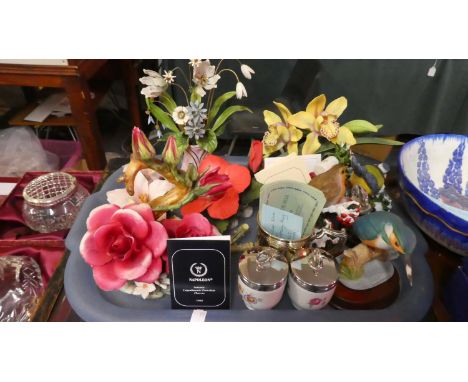 A Tray Containing Various Italian Ceramic Flower Ornaments, Royal Worcester Egg Coddlers, Bird Ornaments etc 