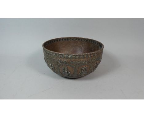 A Circular Indian Mixed Metal Bronze and Brass Offering Bowl with Hindu Deities Decoration, 21cm Diameter and 11cm High 