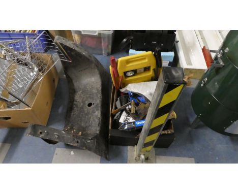 A Box of Various Car Tools and Accessories Together with a Vintage Panel 