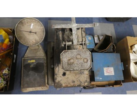 A Collection of Vintage Sundries to Include Bathroom Scales, Kitchen Scales, Tools, Cast Iron Hopper, Enamelled Stand, Toolbo