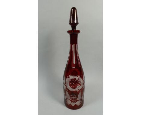 A Bohemian Overlaid Ruby Glass Decanter and Stopper, 39cm High 