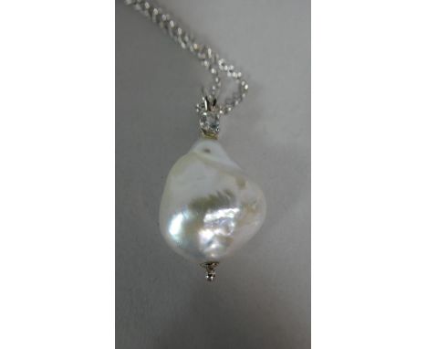 A Baroque Cultured Pearl and White Topaz Silver Necklace with Certificate 