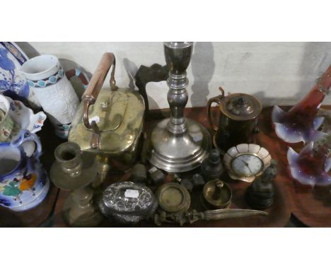 A Tray of Brass and Metalwares to Include Kettle, Candlestick, Copper Tankard, Silver Plated Candle Prickets, Weights etc 