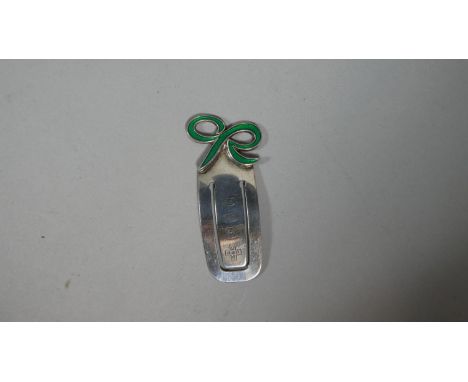 A Silver Money Clip with Green Enamelled R Monogram 