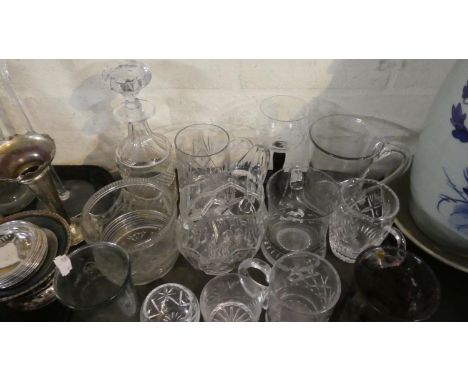 A Tray of Various Glassware to Include Decanter Water Jug, Tankard, Wine Glasses etc 