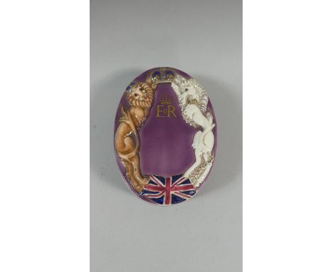 A Ceramic Lidded Coronation Box by Goldscheider Staffordshire of Oval Form, the Lid Decorated with Moulded Patriotic Lion and