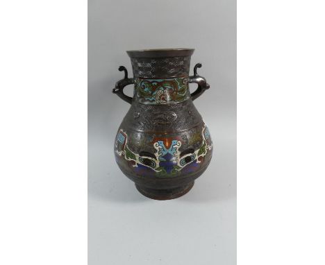 An Oriental Bronze Two Handled Vase with Cloisonne Decorated Borders to Body and Neck, 31cm High 