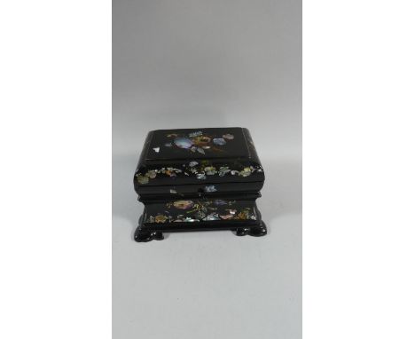 A Victorian Mother of Pearl Inlaid Papier Mache Two Division Tea Caddy with Hinged Cushion Shaped Lid, 18cm Wide 