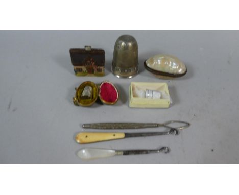 A Collection of Curios to Include Cased Silver Thimble, Just a Thimble Full Measure, Mother of Pearl Case, Small Cottage Pin 