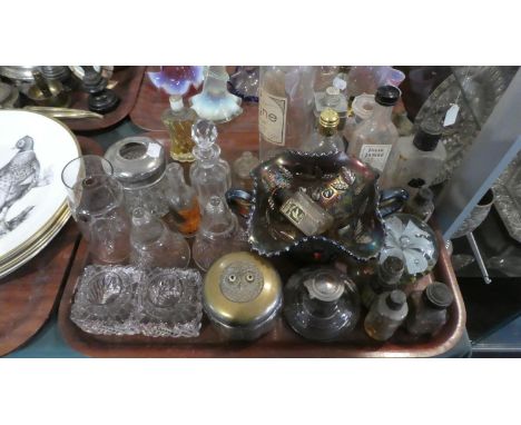 A Tray Containing Various Glassware to Include Carnival Glass Bowl, Glass Paperweight, Inkwell, Bottles, Scent Bottles, Dress