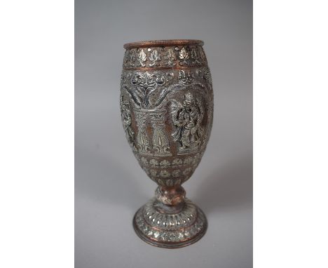 An Indian Bronze and White Metal Goblet with Relief Decoration Depicting Hindu Deities, 19cm High 