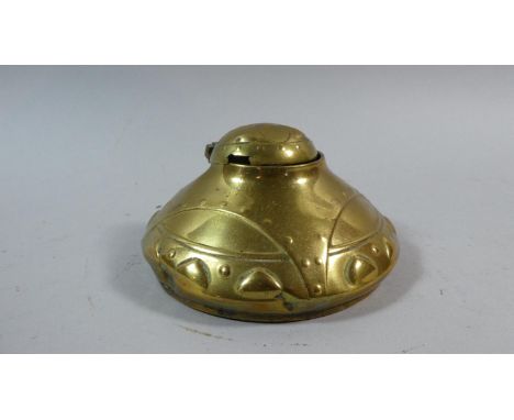 A German WMF Jugendstil Nouveau Brass Inkwell with Stylised Embossed Decoration and Complete with Glass Liner, Lid Detached, 
