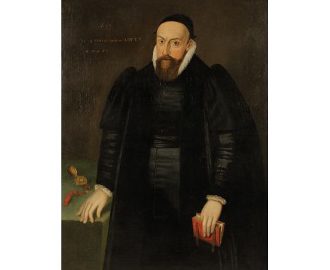 ENGLISH SCHOOL, CIRCA 1613 'The Tower Portrait' of Sir Walter Raleigh (Ralegh) standing three-quarter length holding a book i