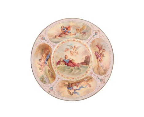 AUSTRIAN ENAMEL DISH, LATE 19TH CENTURY, painted with allegorical panels, reserved against a pale pink ground, the reverse pa