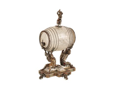 RARE AUSTRIAN ROCK CRYSTAL AND ENAMEL PERFUME BARREL, 19TH CENTURY, the barrel engraved with fruiting vines and supported by 