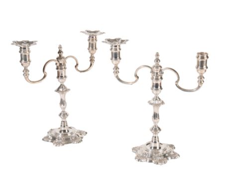 PAIR OF SILVER TWO-LIGHT CANDELABRA, by J.B Chatterly &amp; Sons, Birmingham, 1963, knopped stems, spool-shaped capitals, scr