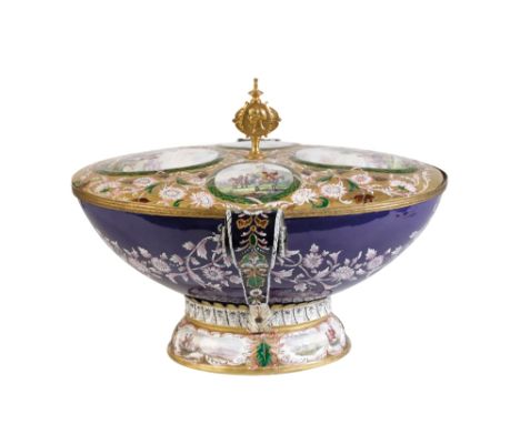 AUSTRIAN ENAMEL TUREEN AND COVER, VIENNA, LATE 19TH CENTURY, the slightly dome cover painted with four oval medallions depict