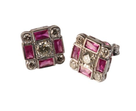 ART DECO STYLE RUBY AND DIAMOND EARRINGS, the ruby approx 0.95ct &amp; 1.20ct total diamond weight, set in 18ct white gold