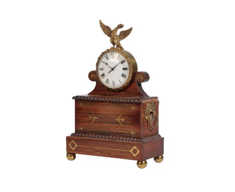 REGENCY ROSEWOOD AND BRASS INLAID MANTLE CLOCK, the white enamel dial with Roman nu-merals, the watch movement inscribed " Wi