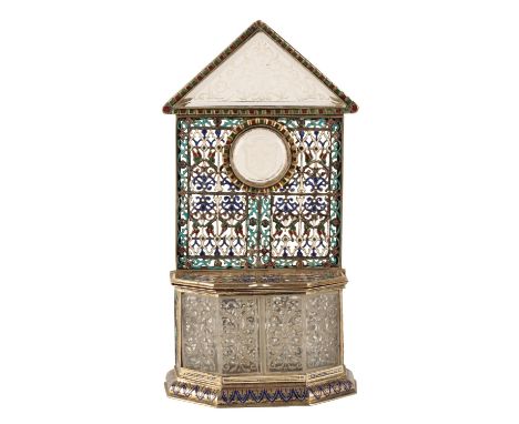 UNUSUAL AUSTRAIN SILVER, ENAMEL AND ROCK CRYSTAL RELIQUARY, LATE 19TH CENTURY, the fret pierced panels decorated with coloure