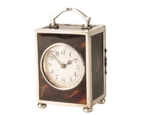 SILVER AND TORTOISESHELL CLOCK, by Charles &amp; Richard Comyns, London, 1919, rectangular form, swing-handle, silver banded 