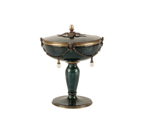 CONTINENTAL SILVER AND ENAMEL COVERED COMPOTE, LATE 19TH CENTURY, the green enamel sides with applied angel mask and stiff le