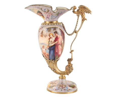 AUSTRIAN SILVER AND ENAMEL EWER, 19TH CENTURY, in the neo classical taste, painted with ro-mantic scenes of lovers, raised on
