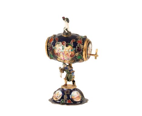 AUSTRIAN ENAMEL PERFUME BARREL, 19TH CENTURY, the sides painted with panels depicting festival scenes, reserved against a cob