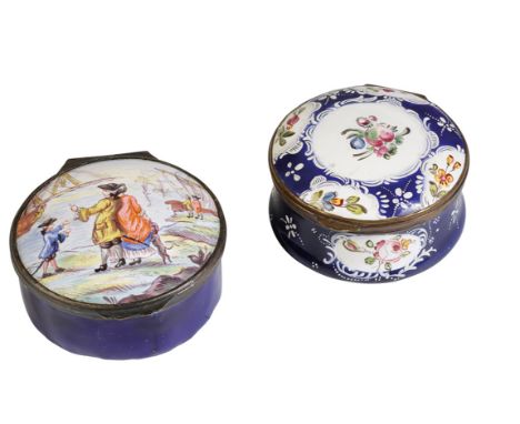 TWO CONTINENTAL ENAMEL SNUFF BOXES, 18TH / 19TH CENTURY, each of circular form, one painted with a port scene the other flora