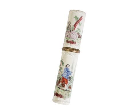 CONTINENTAL ENAMEL NECESSAIRE, 19TH CENTURY, the sides painted with romantic scenes of courting couples, 12cm high
