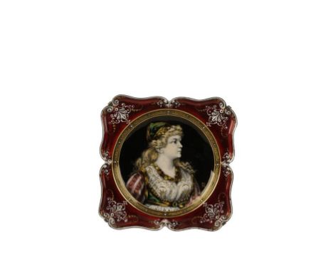 A FRENCH ENAMEL DISH CIRCA 1890, the domed centre decorated with a ladies head and shoulders wearing a classical gown, with a