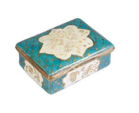 CONTINENTAL ENAMEL AND GILT METAL MOUNTED SNUFF BOX, 18TH / 19TH CENTURY, painted in gilt with floral cartouches, against a t