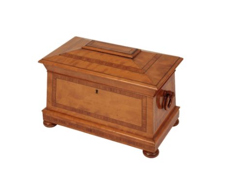 VICTORIAN SATINWOOD SARCOPHAGUS TEA CADDY with rosewood and ebony inlay, fitted interior, on bun feet, 34cm high x 37cm wide