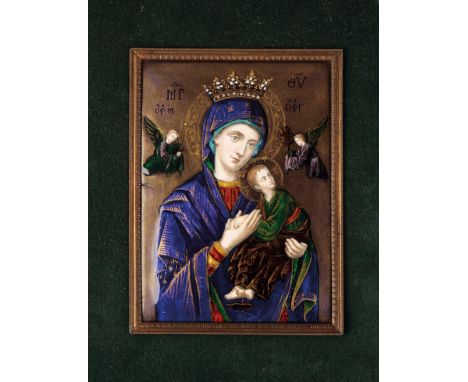LIMOGES ENAMEL PLAQUE, CIRCA 1900, painted with madonna and child, 10cm wide, 14cm high, in a plush green frame
