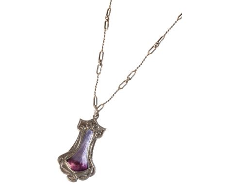 QUEENSWAY AN ART NOUVEAU SILVER AND ENAMEL PENDANT, retailed by Liberty &amp; Co, attached to an unmarked white metal chain l
