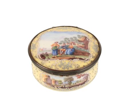 ENGLISH ENAMEL CIRCULAR BOX, 18TH CENTURY, painted with figural landscape views, reserved against a yellow ground, 9cm diam