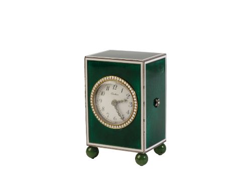 CARTIER A FRENCH GUILLOCHE ENAMEL MINIATURE CARRIAGE CLOCK, the round dial with Arabic numerals, inscribed "Cartier", in a gr