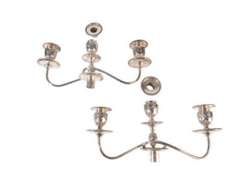 PAIR OF EDWARDIAN SILVER THREE-LIGHT CANDELABRA BRANCHES, by Hawksworth, Eyre &amp; Co, Sheffield, 1902, three spool-shaped c