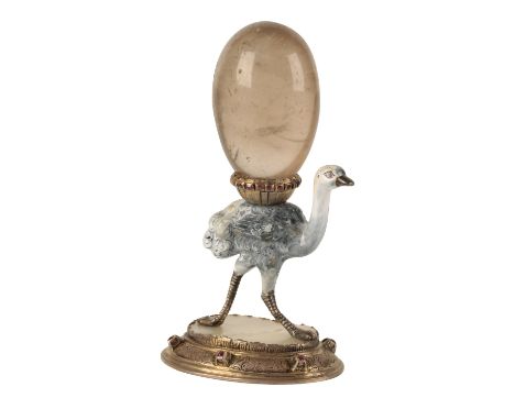 CONTINENTAL SILVER, ENAMEL AND ROCK CRYSTAL DESK ORNAMENT, CIRCA 1900, modelled as an ostrich surmounted by an egg, 12cm high