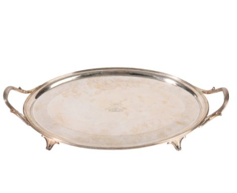 GEORGE III SILVER TRAY, by William Bennett, London, 1796, oval form, twin leaf-capped loop reeded handles, reeded border, the