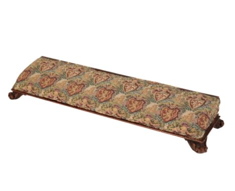 VICTORIAN OAK LONG STOOL with floral upholstery, raised on turned feet, 104cm wide